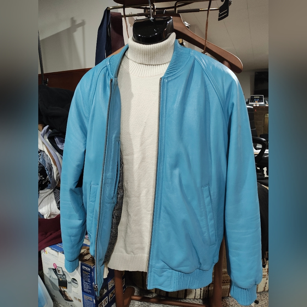 Blue Bomber Jacket with White Accents